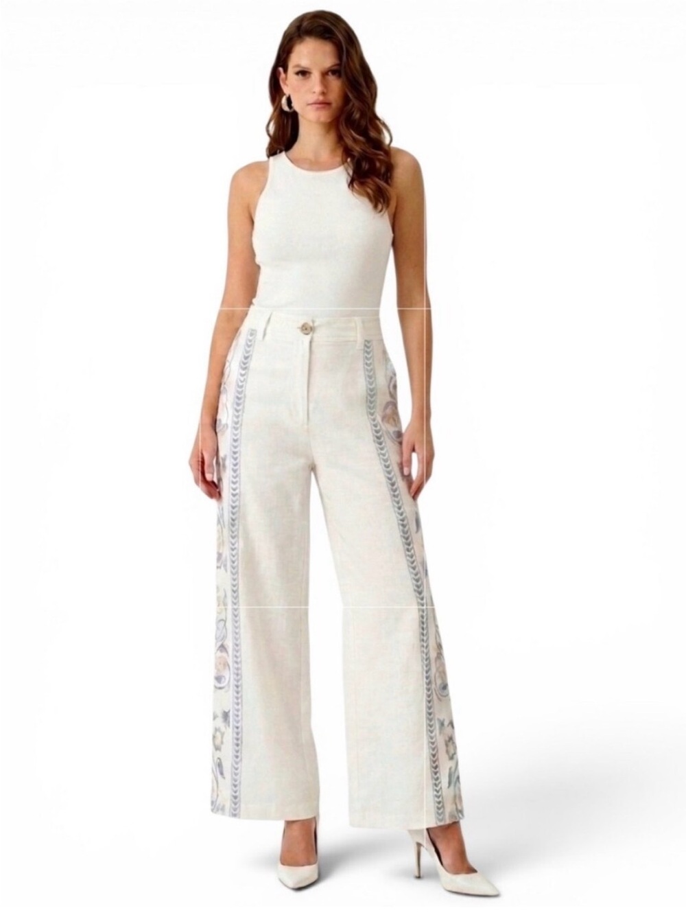 Calypso St. Barth Flower Embroidered Wide-Leg Cream Linen Pants NWT